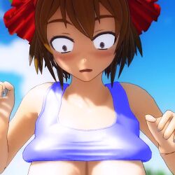 Rule 34 | 1girl, 3d, aki minoriko, animated, bare shoulders, blurry, blurry background, breasts, brown eyes, brown hair, cloud, grape hat ornament, hands on own hips, hat, jiggle, large breasts, leaning forward, looking at breasts, looking at viewer, looking down, mofumoko5, out-of-frame censoring, outdoors, red hat, rei no pool, short hair, sky, smile, solo, sports bra, standing, surprised, tagme, touhou, underboob, upper body, video, wardrobe malfunction