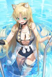 Rule 34 | 1girl, animal ears, arknights, blonde hair, blush, breasts, choker, cleavage, fang, fox ears, fox girl, green eyes, hand on railing, highres, jewelry, large breasts, light blush, long hair, looking at viewer, necklace, open mouth, pearl necklace, pool, solo, swimsuit, swire (arknights), swire the elegant wit (arknights), teeth, thigh strap, thighs, ttk (kirinottk), very long hair, water