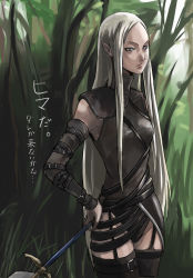 Rule 34 | 00s, 1girl, amputee, belt, belt skirt, claymore (series), detached sleeves, face, forest, garter straps, irene, leotard, long hair, nature, outdoors, platinum blonde hair, pointy ears, solo, sword, tea (nakenashi), translated, very long hair, weapon