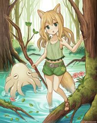 Rule 34 | 1girl, animal ears, belt, black belt, blonde hair, blue eyes, brown footwear, clover, commentary request, day, flower, four-leaf clover, fox ears, fox girl, fox tail, green shirt, green shorts, head tilt, highres, long hair, looking at viewer, midriff, moss, navel, open mouth, original, outdoors, partial commentary, pink flower, sandals, shirt, short shorts, shorts, solo, squid, standing, tail, tank top, tree, wading, yuuki koutarou