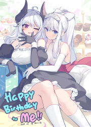 Rule 34 | 2girls, ahoge, asicah, asta (asicah), bare shoulders, black gloves, black skirt, blue eyes, blush, bow, box, breasts, closed mouth, corset, cupcake, dated, dioreta (asicah), dress, earrings, elbow gloves, feet out of frame, food, gift, gift box, gloves, hair bow, hairband, happy birthday, highres, horns, jewelry, kneehighs, large breasts, licking, licking finger, long hair, multiple girls, one eye closed, original, ponytail, red eyes, shirt, sidelocks, sitting, skirt, sleeveless, sleeveless dress, small breasts, smile, socks, strapless, strapless shirt, tiered tray, tongue, tongue out, white dress, white hair, white shirt, white socks