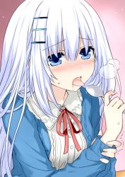 Rule 34 | 1girl, 7a61, bad id, bad pixiv id, blue eyes, blue sweater, blush, cardigan, date a live, dress shirt, hair between eyes, hair ornament, highres, holding, holding spoon, long hair, neck ribbon, open cardigan, open clothes, open mouth, red ribbon, ribbon, shirt, silver hair, solo, spoon, sweater, tobiichi origami, tongue, tongue out, upper body, white shirt