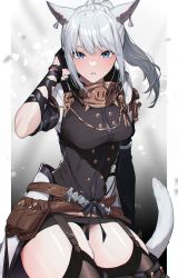 Rule 34 | 1girl, animal ears, warrior of light (ff14), belt, black legwear, blue eyes, blush, breasts, cat ears, cat tail, earrings, elbow gloves, final fantasy, final fantasy xiv, gloves, gorget, gradient background, hand on own face, highres, jewelry, medium breasts, miqo&#039;te, ponytail, solo, tail, thighs, wakahiko, white hair