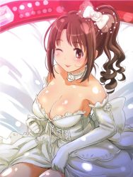 Rule 34 | 10s, 1girl, ;p, bad id, bad pixiv id, bare shoulders, bed sheet, bow, breasts, brown eyes, brown hair, cleavage, dress, hair bow, idolmaster, idolmaster cinderella girls, large breasts, long hair, looking at viewer, one eye closed, ponytail, poponpin, shimamura uzuki, solo, tongue, tongue out, wedding dress, wink