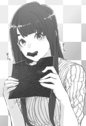 Rule 34 | 1girl, blunt bangs, checkered background, eating, flying witch, food, greyscale, highres, holding, holding food, ishizuka chihiro, kowata makoto, long hair, looking at viewer, monochrome, nori (seaweed), official art, shirt, sleeves rolled up, solo, striped clothes, striped shirt