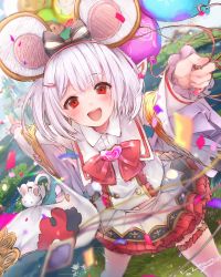 Rule 34 | 1girl, animal, animal ears, balloon, blush, bridal garter, brooch, confetti, crop top, dated, fake animal ears, frills, granblue fantasy, grass, hair ornament, hairclip, heart, heart brooch, highres, holding, holding balloon, japanese clothes, jewelry, kimono, long sleeves, mouse (animal), mouse ears, n:go, navel, open mouth, red eyes, red neckwear, signature, skirt, sparkle, vikala (granblue fantasy), white hair, wide sleeves