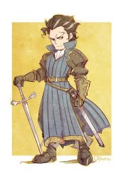 Rule 34 | 1boy, armor, brown hair, chibi, gloves, looking at viewer, male focus, octopath traveler, octopath traveler i, olberic eisenberg, scar, short hair, shouta (shbz), simple background, solo, sword, weapon