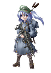 Rule 34 | 1girl, blue hair, bolt action, bullpup, female focus, full body, gun, hat, kawashiro nitori, looking at viewer, naginami, rifle, simple background, smile, sniper rifle, solo, touhou, two side up, weapon, white background