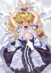 Rule 34 | 1girl, absurdres, arms up, blonde hair, blue ribbon, blush, bound, bound wrists, bow, braid, clothes pull, disembodied limb, dress, dress pull, frilled dress, frills, gunnjou yosio, hair between eyes, hair bow, highres, kirisame marisa, lace, long hair, looking at viewer, lying, on back, open mouth, puffy short sleeves, puffy sleeves, red bow, restrained, ribbon, ribbon trim, short sleeves, side braid, tears, teeth, tongue, touhou, uvula, wavy hair, yellow eyes