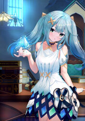 Rule 34 | 1girl, :o, absurdres, aqua hair, arm support, bare shoulders, benzi li, blue nails, blurry, blurry background, book, book stack, breasts, cowboy shot, dress, eyes visible through hair, faruzan (genshin impact), floating, floating hair, floating object, genshin impact, green eyes, hair ornament, highres, jewelry, lamp, long hair, looking at viewer, medium breasts, multicolored clothes, multicolored skirt, nail polish, neck ring, parted lips, scroll, short sleeves, skirt, skirt cutout, solo, standing, symbol-shaped pupils, table, triangle-shaped pupils, twintails, white dress, window, x hair ornament