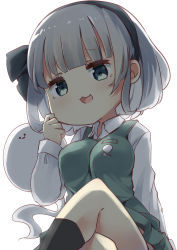 Rule 34 | 1girl, :3, :d, absurdres, black hairband, black legwear, breasts, collared shirt, crossed legs, feet out of frame, green eyes, green skirt, green vest, grey hair, hairband, highres, konpaku youmu, konpaku youmu (ghost), large breasts, long sleeves, looking at viewer, open mouth, pegashi, shade, shirt, short hair, simple background, sitting, skirt, smile, solo, touhou, vest, white background, white shirt