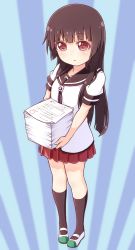 Rule 34 | 1girl, black hair, black socks, blunt bangs, brown sailor collar, collarbone, commentary request, highres, hime cut, kneehighs, mary janes, matsumoto rise, multicolored footwear, nanamori school uniform, open mouth, paper, paper stack, parted lips, pontasu, purple eyes, sailor collar, school uniform, serafuku, shoes, short sleeves, socks, solo, striped, striped background, yuru yuri