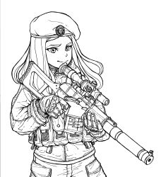 Rule 34 | 1girl, absurdres, ammunition pouch, bangdog, beret, buttons, chest rig, closed mouth, collared jacket, commentary, cowboy shot, english commentary, gloves, gorka, gun, hat, hat ornament, highres, holding, holding gun, holding weapon, jacket, lineart, long hair, long sleeves, looking ahead, military hat, military jacket, military operator, monochrome, original, pants, pocket, pouch, rifle, scope, simple background, smile, sniper rifle, solo, spetsnaz, star (symbol), star hat ornament, suppressor, tactical clothes, vss vintorez, weapon