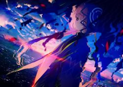 Rule 34 | 1girl, achiki, braid, capelet, cityscape, cloud, diffraction spikes, dusk, evening, expressionless, glitch, hood, hood up, hooded capelet, horizon, kaf (kamitsubaki studio), kamitsubaki studio, long hair, looking at viewer, low twin braids, multicolored eyes, pink hair, scenery, sky, solo, sunset, twin braids, twintails, upper body, virtual youtuber, yellow pupils
