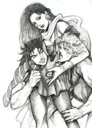 Rule 34 | 1girl, 2boys, battle tendency, breasts, bud (korovsme), caesar anthonio zeppeli, carrying, cheek press, earrings, feather hair ornament, feathers, gloves, graphite (medium), greyscale, hair ornament, headband, jewelry, jojo no kimyou na bouken, joseph joestar, joseph joestar (young), lisa lisa, long hair, medium breasts, monochrome, mother and son, multiple boys, pantyhose, red stone of aja, scarf, shoulder carry, skirt, sleeveless, striped clothes, striped scarf, traditional media