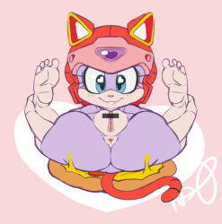 Rule 34 | 1990s (style), 1girl, anus, ass, bar censor, blue eyes, cat, censored, clitoris, feet, female focus, flat color, food, full body, furry, furry female, hat, heart, heart background, kyatto ninden teyandee, pizza, pizzacat (tropios), pointless censoring, pururun (kyatto ninden teyandee), pussy, retro artstyle, simple background, sitting on food, solo, tail