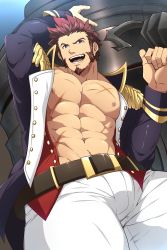 Rule 34 | 1boy, abs, absurdres, bad id, bad twitter id, bara, beard, belt, blue eyes, brown hair, cannon, collar, epaulettes, facial hair, fate/grand order, fate (series), fringe trim, goatee, gradient hair, highres, huge weapon, jacket, kuroshinki, large pectorals, long sideburns, long sleeves, looking at viewer, male focus, manly, military, military uniform, multicolored hair, muscular, napoleon bonaparte (fate), navel, open clothes, open jacket, open shirt, pants, pectorals, scar, sideburns, smile, solo, thighs, tight clothes, unbuttoned, uniform, weapon, white pants