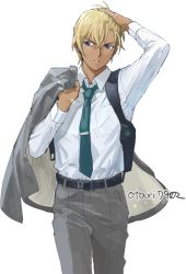 Rule 34 | 1boy, amuro tooru, arm up, belt, black belt, blonde hair, blue eyes, blue necktie, collared shirt, commentary, grey jacket, grey pants, hair between eyes, hand on own head, holding, holding clothes, holding jacket, indesign, jacket, jacket over shoulder, unworn jacket, looking at viewer, male focus, meitantei conan, necktie, pants, parted lips, shirt, shirt tucked in, short hair, signature, simple background, solo, standing, white background, white shirt
