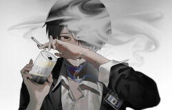 Rule 34 | 1boy, alcohol, beer, black hair, covering own mouth, empty eyes, formal, hair over one eye, highres, holding, loose necktie, necktie, original, saliva, saliva trail, sleeves rolled up, smoking, strong zero, suit, tears, tobacco, vumiposu
