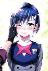 Rule 34 | 1boy, 1girl, absurdres, adjusting another&#039;s hair, black gloves, blue hair, blurry, blush, bob cut, bokeh, breasts, close-up, closed mouth, darling in the franxx, depth of field, fingerless gloves, gloves, gorou (darling in the franxx), green eyes, grey jacket, hair ornament, hair over one eye, hairclip, happy, highres, ichigo (darling in the franxx), jacket, lips, looking at viewer, military, military uniform, non-web source, official art, one eye closed, pov, pov hands, short hair, small breasts, smile, solo focus, tearing up, uniform, upper body, yabuki kentarou