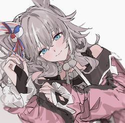 Rule 34 | 1girl, animal ears, blush, bridal gauntlets, choker, closed mouth, dress, frilled choker, frills, green eyes, grey background, grey hair, highres, horse ears, long hair, looking at viewer, lying, m75255831, multicolored hair, off-shoulder dress, off shoulder, on side, pink dress, simple background, smile, solo, streaked hair, thick eyebrows, umamusume, upper body, wonder acute (umamusume)