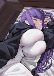 Rule 34 | 1girl, black coat, breasts, closed eyes, coat, dress, fern (sousou no frieren), highres, huge breasts, long hair, long sleeves, lying, manzai sugar, on bed, on side, open clothes, open coat, purple hair, sleeping, solo, sousou no frieren, white dress