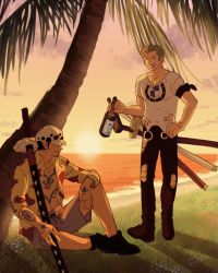 Rule 34 | 2boys, alcohol, alternate costume, artist request, black hair, chest tattoo, evening, grass, hat, highres, holding, holding sword, holding weapon, katana, multiple boys, ocean, one piece, one piece film: red, open clothes, open shirt, palm tree, roronoa zoro, scar, scar across eye, shadow, short hair, sitting, sword, tattoo, trafalgar law, tree, weapon