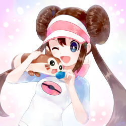 Rule 34 | 1girl, ;d, berry (pokemon), blue eyes, bright pupils, brown hair, commentary request, creatures (company), double bun, feeding, food, fruit, furret, game freak, gen 2 pokemon, hair bun, hands up, holding, holding food, holding fruit, long hair, looking down, nintendo, one eye closed, open mouth, oran berry, pokemon, pokemon (creature), pokemon bw2, pokemon on arm, putto, raglan sleeves, rosa (pokemon), shirt, sidelocks, smile, tongue, twintails, upper body, visor cap, white pupils