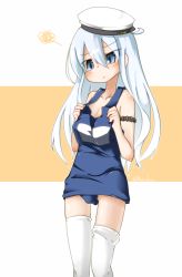 Rule 34 | 1girl, armlet, bare shoulders, beige background, beret, blue eyes, collarbone, cosplay, flat chest, hat, hibiki (kancolle), i-8 (kancolle), i-8 (kancolle) (cosplay), kantai collection, long hair, looking down, loose clothes, nassukun, one-piece swimsuit, oversized clothes, peaked cap, school swimsuit, silver hair, simple background, sleeveless, solo, squiggle, standing, swimsuit, thighhighs, twitter username, white hat, white thighhighs