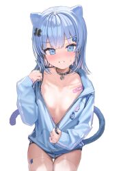 Rule 34 | 1girl, animal ears, bandaid on chest, bandaid on stomach, bandaid on wrist, blue eyes, blue hair, blue jacket, blush, breasts, cat ears, cat girl, cat tail, collar, colored inner hair, embarrassed, fang, highres, indie virtual youtuber, jacket, kanzarin, kanzarin (vtuber), long sleeves, looking at viewer, medium hair, multicolored hair, nervous smile, no bra, no pants, partially unzipped, pink hair, small breasts, smile, sweat, tail, thighhighs, track jacket, two-tone hair, unzipping, virtual youtuber, white thighhighs