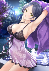 Rule 34 | 1girl, :o, armpits, arms up, bare arms, bare legs, bare shoulders, blue hair, blush, breasts, camisole, cityscape, cleavage, collarbone, dress, female focus, fence, fountain, hayami kanade, highres, idolmaster, idolmaster cinderella girls, jacket, large breasts, legs, looking at viewer, mk (mod0), neck, night, night sky, open clothes, open jacket, open mouth, outdoors, parted bangs, purple camisole, purple jacket, see-through, see-through dress, short hair, sitting, sky, solo, thighs, tree, water, yellow eyes