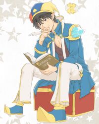 Rule 34 | 1boy, black hair, black shirt, blue coat, blue eyes, blue footwear, book, closed mouth, coat, commentary request, crystal, full body, hair between eyes, holding, holding book, holding quill, jester, leaning forward, long sleeves, looking at viewer, male focus, medium bangs, miyan (shamigame), open book, pants, pectoral cleavage, pectorals, quill, ragnarok masters, ragnarok online, shirt, shoes, short hair, sitting, smile, solo, spoken dollar sign, treasure chest, warlock (ragnarok online), white background, white pants