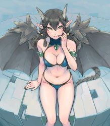 Rule 34 | 1girl, arm support, bat wings, bikini, black hair, braid, breasts, brown eyes, cleavage, collarbone, cowboy shot, feathered wings, finger to mouth, fingernails, from above, highres, horns, looking at viewer, looking up, low twintails, navel, original, pinky to mouth, pointy ears, saba no miso ni, saba no misoni (doddosi), sharp fingernails, sitting, smile, solo, swimsuit, tail, twin braids, twintails, wings