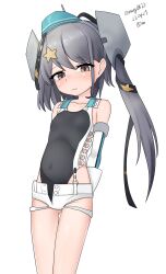 Rule 34 | 1girl, absurdres, aqua hat, arms behind back, black one-piece swimsuit, black ribbon, brown eyes, competition swimsuit, garrison cap, gloves, grey hair, hair ornament, hair ribbon, hat, highleg, highleg swimsuit, highres, kantai collection, long hair, looking at viewer, maru (marg0613), one-hour drawing challenge, one-piece swimsuit, ribbon, scamp (kancolle), short shorts, shorts, side ponytail, simple background, solo, star (symbol), star hair ornament, swimsuit, two-tone one-piece swimsuit, white background, white gloves, white shorts