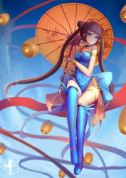 Rule 34 | 1girl, bare shoulders, blue eyes, brown hair, full body, highres, leotard, long hair, looking at viewer, oil-paper umbrella, solo, twintails, umbrella, wangchuan de quanyan