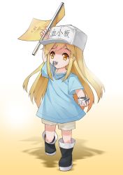 Rule 34 | 10s, 1girl, absurdres, arm up, black footwear, blue shirt, boots, brown eyes, brown shorts, character name, chenran tiantang, clothes writing, commentary request, flag, flat cap, full body, hat, hataraku saibou, highres, holding, holding flag, knee boots, light brown hair, long hair, looking at viewer, mouth hold, platelet (hataraku saibou), shadow, shirt, short shorts, short sleeves, shorts, solo, standing, standing on one leg, very long hair, whistle, white background, white hat