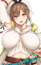 Rule 34 | 1girl, atelier (series), atelier ryza, atelier ryza 1, bare shoulders, belt, beret, black ribbon, blush, breasts, brown eyes, brown hair, camisole, cleavage, collarbone, detached sleeves, flask, hair ornament, hairclip, hat, highres, jewelry, kemigawa mondo, large breasts, looking at viewer, necklace, open clothes, open mouth, open vest, reisalin stout, ribbon, round-bottom flask, short hair, smile, solo, star (symbol), star necklace, test tube, vest, white camisole, white hat, yellow vest