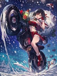 2girls absurdres ahoge atelier_(series) atelier_yumia benitama black_hair box breasts christmas commentary_request crop_top dress fur-trimmed_dress fur-trimmed_headwear fur_trim gift gift_box gloves hair_between_eyes hat highres lenja looking_at_viewer mole mole_under_eye motor_vehicle motorcycle multiple_girls official_art purple_eyes red_gloves red_hat sack santa_costume santa_dress santa_hat short_hair smile solo_focus yumia_liessfeldt