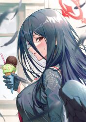 Rule 34 | 1girl, black hair, black wings, blue archive, blush, breasts, falling feathers, feathers, food, hair between eyes, hasumi (blue archive), highres, holding, holding food, holding ice cream, ice cream, jacket, kabu (niniko2ko), large breasts, long hair, looking at viewer, mole, mole under eye, parted lips, ponytail, solo, sweat, very long hair, wings