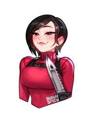 Rule 34 | 1girl, ada wong, artist name, blush, blushyspicy, border, breasts, brown hair, cropped torso, half-closed eyes, knife, large breasts, red sweater, resident evil, resident evil 4, short hair, smile, solo, sweater, transparent background, upper body, watermark, white border
