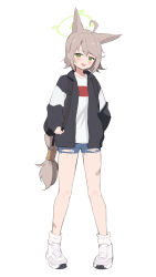 Rule 34 | 1girl, ahoge, alternate costume, animal ears, backpack, bag, bandaid, bandaid on leg, black jacket, blue archive, blue shorts, blush, commentary request, denim, denim shorts, fox ears, full body, green eyes, grey hair, hair between eyes, halo, highres, holding strap, jacket, long hair, miso (misomiso 154), open mouth, otogi (blue archive), parted bangs, shirt, shorts, simple background, single hair tube, smile, socks, solo, standing, swept bangs, torn clothes, torn shorts, very long hair, white background, white footwear, white shirt, white socks, yellow halo