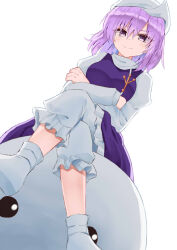 Rule 34 | 1girl, bloomers, blue skirt, breasts, closed mouth, crossed arms, crossed legs, feet out of frame, frilled skirt, frills, from below, highres, lapel pin, letty whiterock, long sleeves, medium breasts, no shoes, purple eyes, purple hair, shirt, simple background, sitting, skirt, smile, snowman, socks, solo, sugiyama ichirou, touhou, turtleneck, underwear, v-shaped eyebrows, vest, white background, white bloomers, white headwear, white shirt, white socks, white vest