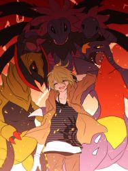 Rule 34 | 10s, 1boy, ^ ^, amami rantaro, arm behind head, arm up, armband, backlighting, black shirt, blonde hair, brown pants, claws, closed eyes, closed mouth, collarbone, cowboy shot, creatures (company), crossover, danganronpa (series), danganronpa v3: killing harmony, embers, facing viewer, game freak, garchomp, gen 4 pokemon, gen 5 pokemon, green hair, hair between eyes, hand on head, haxorus, hood, hoodie, horns, hydreigon, jacket, jewelry, light trail, lightning, long sleeves, looking at viewer, male focus, necklace, negi (ngng 9), nintendo, open mouth, orange jacket, pants, pendant, pokemon, pokemon (creature), red background, red eyes, sharp teeth, shirt, smile, sparks, standing, striped clothes, striped shirt, teeth, wind, wristband, yellow eyes