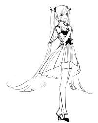 Rule 34 | 1girl, crossed legs, dress, elbow gloves, full body, gloves, greyscale, hands on own chest, hatsune miku, high-low skirt, high contrast, high heels, lineart, long hair, looking at viewer, looking to the side, miku symphony (vocaloid), monochrome, open mouth, rella, sketch, sleeveless, sleeveless dress, smile, solo, standing, thighhighs, twintails, very long hair, vocaloid