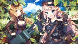 Rule 34 | 2girls, absurdres, aqua eyes, armor blitz, belt, blonde hair, blue jacket, braid, breasts, brown jacket, caterpillar tracks, cleavage, cloud, cloudy sky, fang, fingerless gloves, forest, freckles, french braid, gloves, hair between eyes, hat, highres, holding, holding weapon, jacket, long hair, long sleeves, looking at viewer, mecha musume, medium breasts, multiple girls, nature, open mouth, outdoors, peaked cap, single braid, sky, smile, squchan, v-shaped eyebrows, weapon, yellow eyes