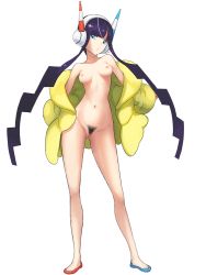 Rule 34 | 1girl, aqua eyes, asymmetrical footwear, black pubic hair, blue eyes, blunt bangs, breasts, breasts apart, cleft of venus, creatures (company), elesa (pokemon), feet, female focus, female pubic hair, full body, functionally nude, game freak, gluteal fold, groin, gym leader, headphones, hip focus, jacket, legs, legs apart, long hair, looking at viewer, navel, nintendo, nipples, no panties, open clothes, open jacket, outstretched arms, parted lips, pokemon, pokemon bw2, pubic hair, puffer coat, purple hair, pussy, shoes, small breasts, solo, standing, thighs, toe cleavage, toes, transparent background, twintails, uneven footwear, yachi (fujiyasu0616), yellow jacket