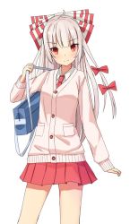 Rule 34 | 1girl, ahoge, alternate costume, bag, blunt bangs, blush, bow, breasts, buttons, cardigan, closed mouth, collared shirt, commentary request, cowboy shot, fujiwara no mokou, grey hair, hair bow, hair ribbon, hasu (lausdys), highres, holding strap, light blush, long hair, long sleeves, looking at viewer, medium breasts, miniskirt, necktie, pink cardigan, pleated skirt, pocket, red eyes, red necktie, red ribbon, red skirt, ribbon, school bag, school uniform, shirt, simple background, skirt, smile, solo, standing, touhou, white background, white bow, white shirt, wing collar