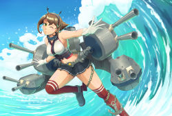 Rule 34 | 1girl, anchor, bare shoulders, blue sky, breasts, brown hair, chain, day, emubi, gloves, green eyes, hairband, headgear, highres, kantai collection, large breasts, mast, midriff, miniskirt, mutsu (kancolle), ocean, radio antenna, red legwear, short hair, skirt, sky, smile, smokestack, solo, turret, water, waving, white gloves