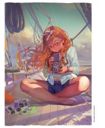 Rule 34 | 1girl, alphonse (white datura), barefoot, blue jacket, blue shorts, blue sky, boat, bracelet, brown hair, camera, closed mouth, cloud, crossed ankles, day, closed eyes, glasses, hair ribbon, head tilt, highres, holding, holding camera, jacket, jewelry, light smile, long hair, long sleeves, navel, non-web source, open clothes, open jacket, original, outdoors, red-framed eyewear, ribbon, rope, sailboat, short shorts, shorts, sitting, sky, smile, solo, striped, toenails, watercraft