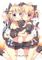 Rule 34 | 2girls, :p, ;), animal, animal ears, animal hands, animal on head, bare shoulders, black gloves, black legwear, black skirt, black sleeves, blonde hair, blue bow, blue eyes, blush, bow, breasts, cat ears, cat girl, cat tail, character request, cleavage, closed mouth, commentary request, crop top, detached sleeves, gloves, hair between eyes, hair bow, hair bun, hamster, hand up, layered skirt, long hair, miniskirt, multiple girls, navel, on head, one eye closed, original, pan (mimi), paw gloves, pink bow, pleated skirt, puffy short sleeves, puffy sleeves, red eyes, short sleeves, single hair bun, skirt, small breasts, smile, socks, standing, standing on one leg, striped, striped bow, tail, tail bow, tail ornament, tail raised, tongue, tongue out